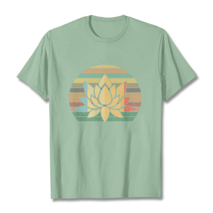 Buddha Stones Casual Retro Striped Background Lotus Flower Pattern Cotton Tee T-shirt - PaleGreen - 2XL - image 14