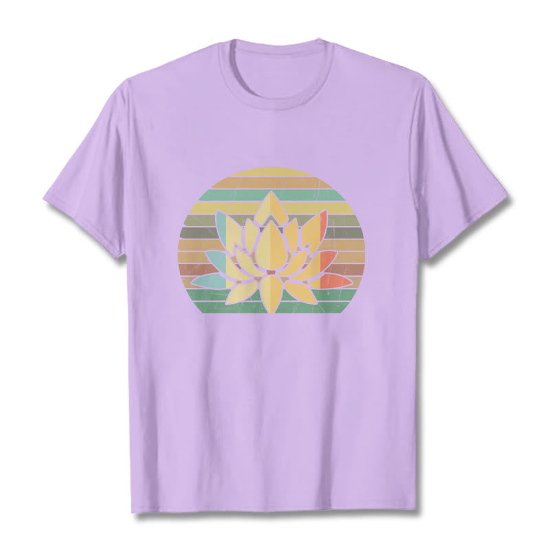 Buddha Stones Casual Retro Striped Background Lotus Flower Pattern Cotton Tee T-shirt - Plum - 2XL - image 16