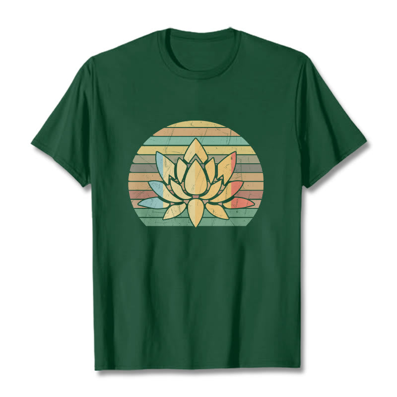 Buddha Stones Casual Retro Striped Background Lotus Flower Pattern Cotton Tee T-shirt - ForestGreen - 2XL - image 10