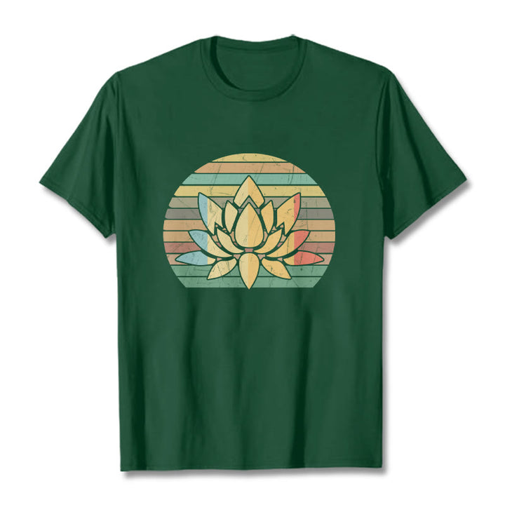 Buddha Stones Casual Retro Striped Background Lotus Flower Pattern Cotton Tee T-shirt - ForestGreen - 2XL - image 10