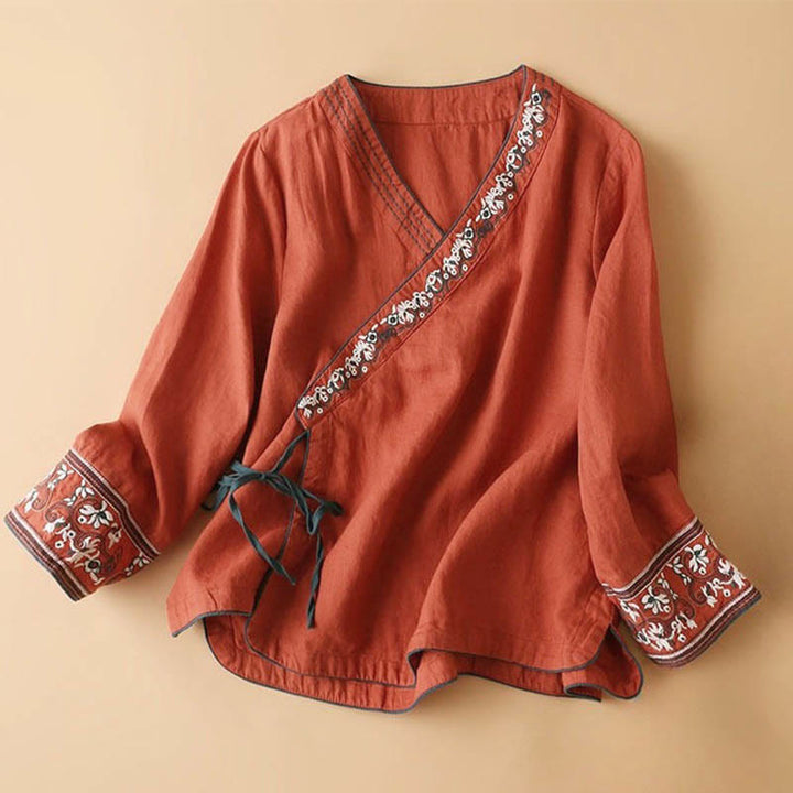 Buddha Stones Casual Embroidered Flowers Slant Collar Strap Long Sleeve Cotton Women's Shirt - FireBrick - US12,UK/AU16,EU44 (3XL) - image 0