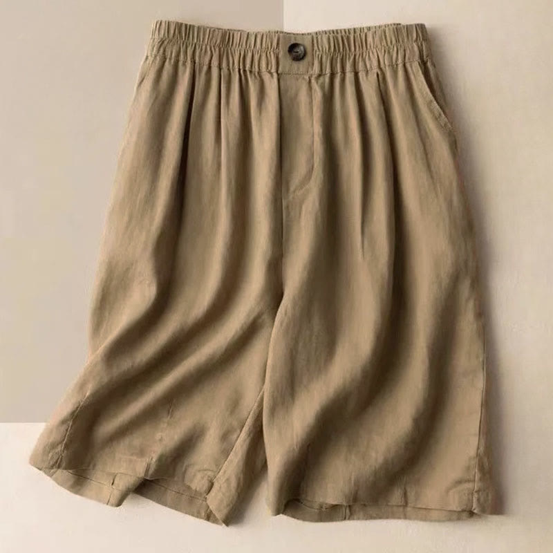 Buddha Stones Summer Casual Plain Zipper Button Cotton Linen Women's Shorts With Pockets - BurlyWood - US8-10,UK/AU12-14,EU40-42 (3XL) - image 0