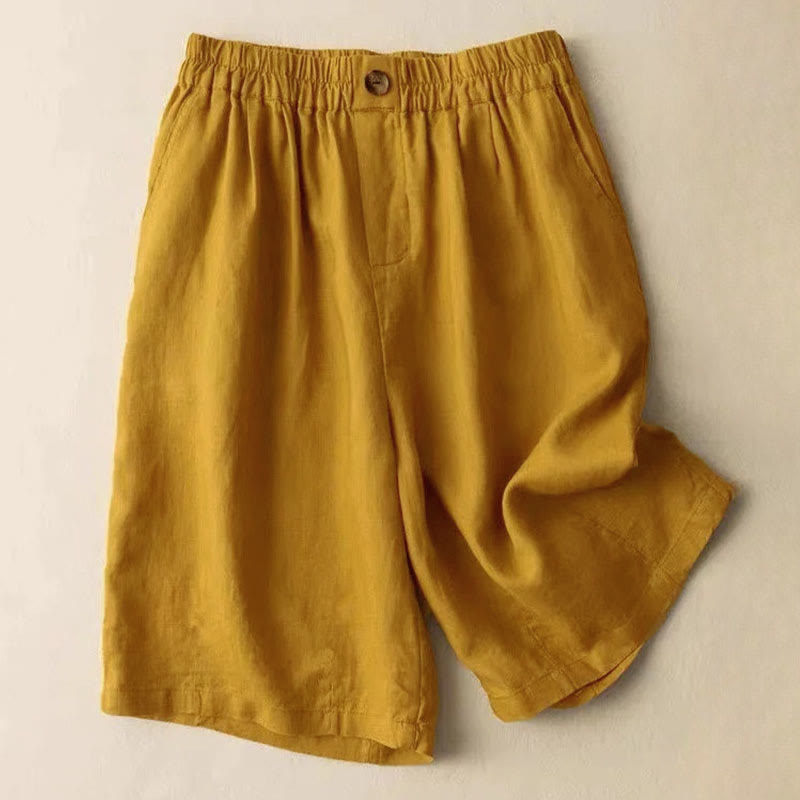Buddha Stones Summer Casual Plain Zipper Button Cotton Linen Women's Shorts With Pockets - Goldenrod - US8-10,UK/AU12-14,EU40-42 (3XL) - image 2