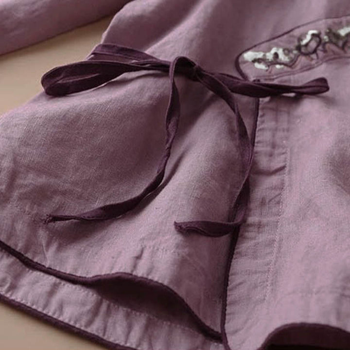 Buddha Stones Casual Embroidered Flowers Slant Collar Strap Long Sleeve Cotton Women's Shirt - image 8