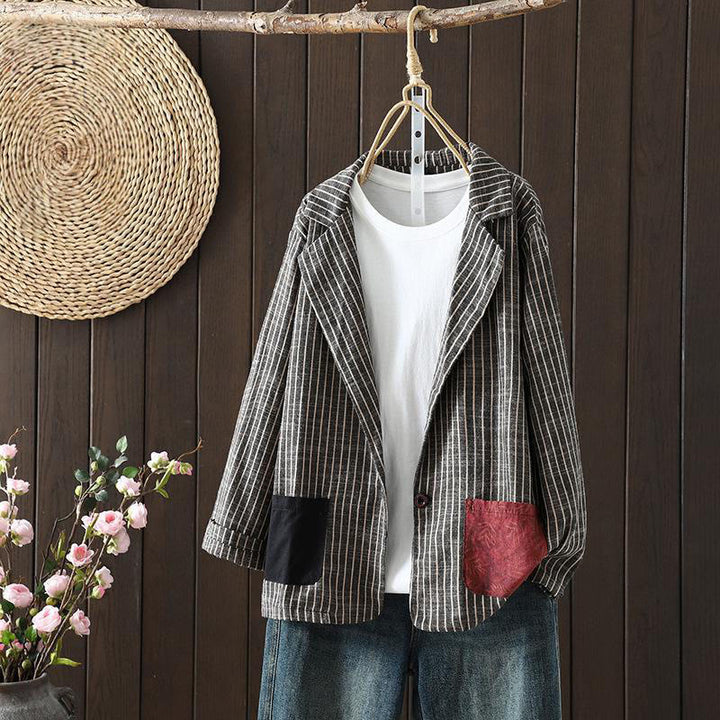 Buddha Stones Splicing Stripes Women's Cotton Linen Jacket With Pockets - DimGray - US14,UK/AU18,EU46 (2XL) - image 0