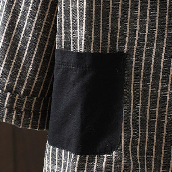 Buddha Stones Splicing Stripes Women's Cotton Linen Jacket With Pockets - image 3