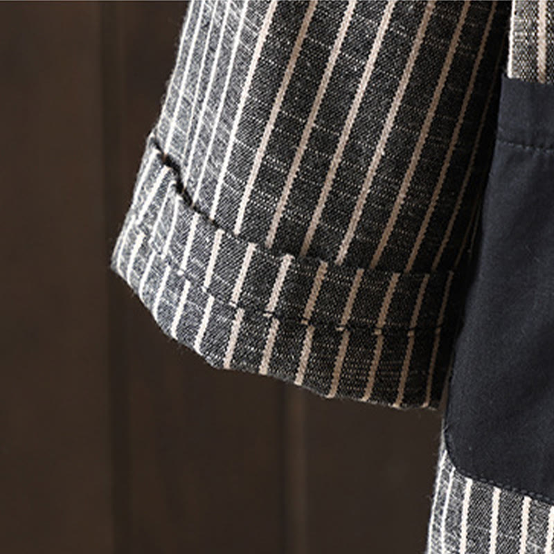 Buddha Stones Splicing Stripes Women's Cotton Linen Jacket With Pockets - image 5