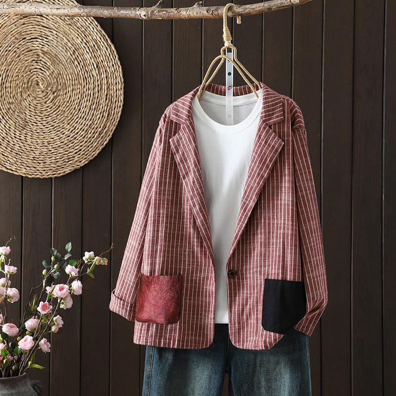 Buddha Stones Splicing Stripes Women's Cotton Linen Jacket With Pockets - IndianRed - US14,UK/AU18,EU46 (2XL) - image 6