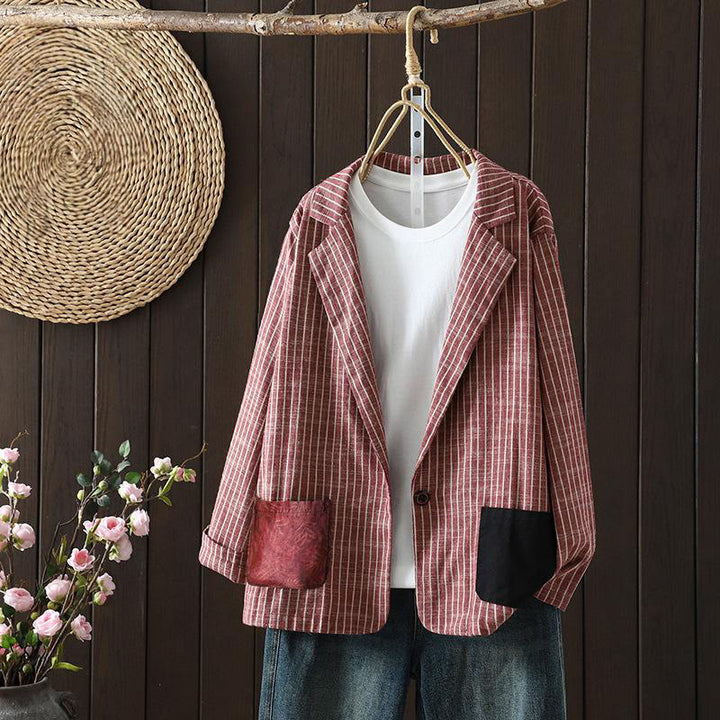 Buddha Stones Splicing Stripes Women's Cotton Linen Jacket With Pockets - IndianRed - US14,UK/AU18,EU46 (2XL) - image 6