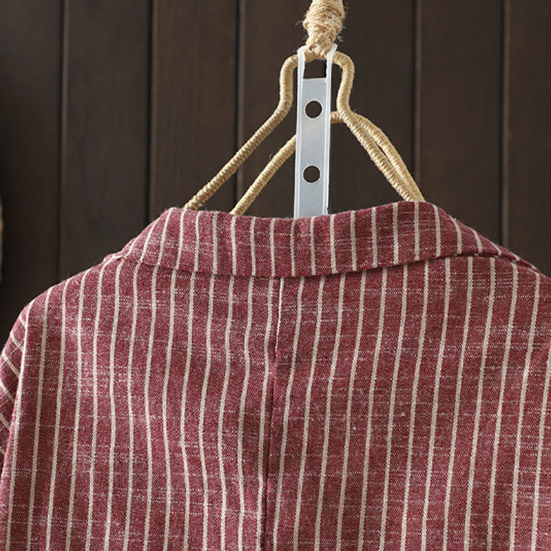 Buddha Stones Splicing Stripes Women's Cotton Linen Jacket With Pockets - image 11