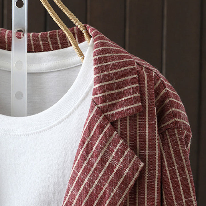 Buddha Stones Splicing Stripes Women's Cotton Linen Jacket With Pockets - image 10