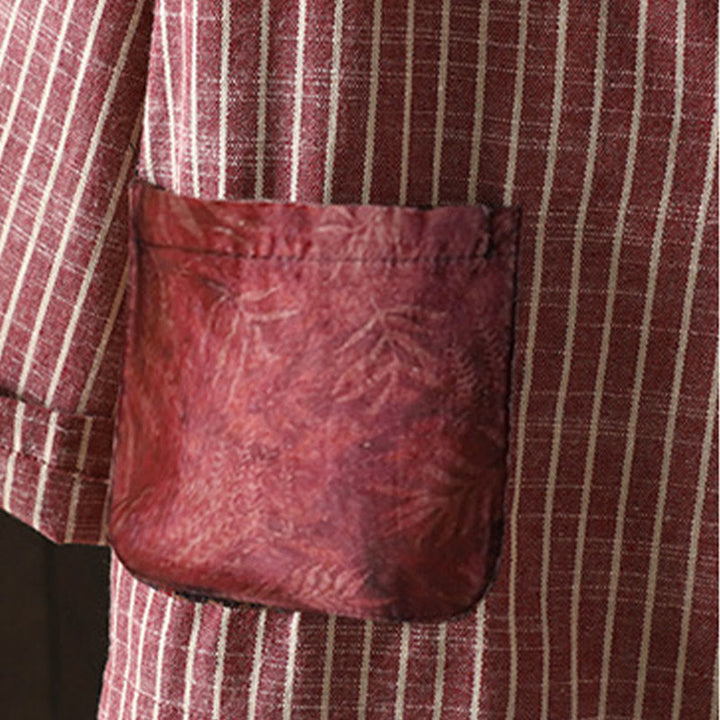 Buddha Stones Splicing Stripes Women's Cotton Linen Jacket With Pockets - image 13