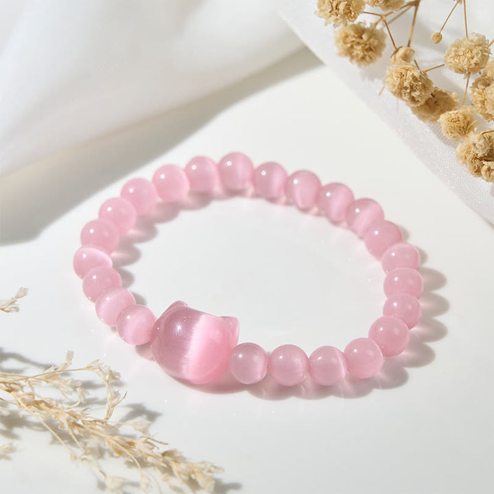 Buddha Stones Lovely Cat Head Pink Cat's Eye White Cat's Eye Spiritual Beads Bracelet - image 1