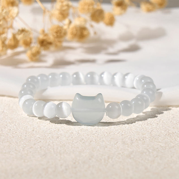 Buddha Stones Lovely Cat Head Pink Cat's Eye White Cat's Eye Spiritual Beads Bracelet - image 10
