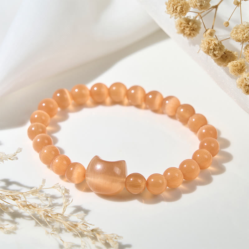 Buddha Stones Lovely Cat Head Pink Cat's Eye White Cat's Eye Spiritual Beads Bracelet - image 16