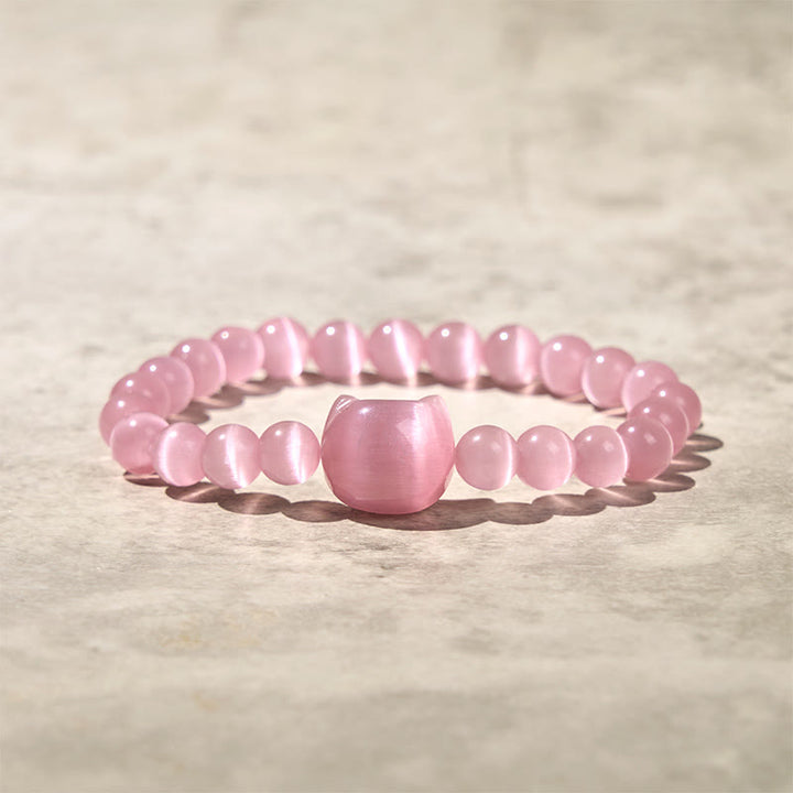Buddha Stones Lovely Cat Head Pink Cat's Eye White Cat's Eye Spiritual Beads Bracelet - Pink Cat's Eye(Wrist Circumference:15-20cm) - image 0