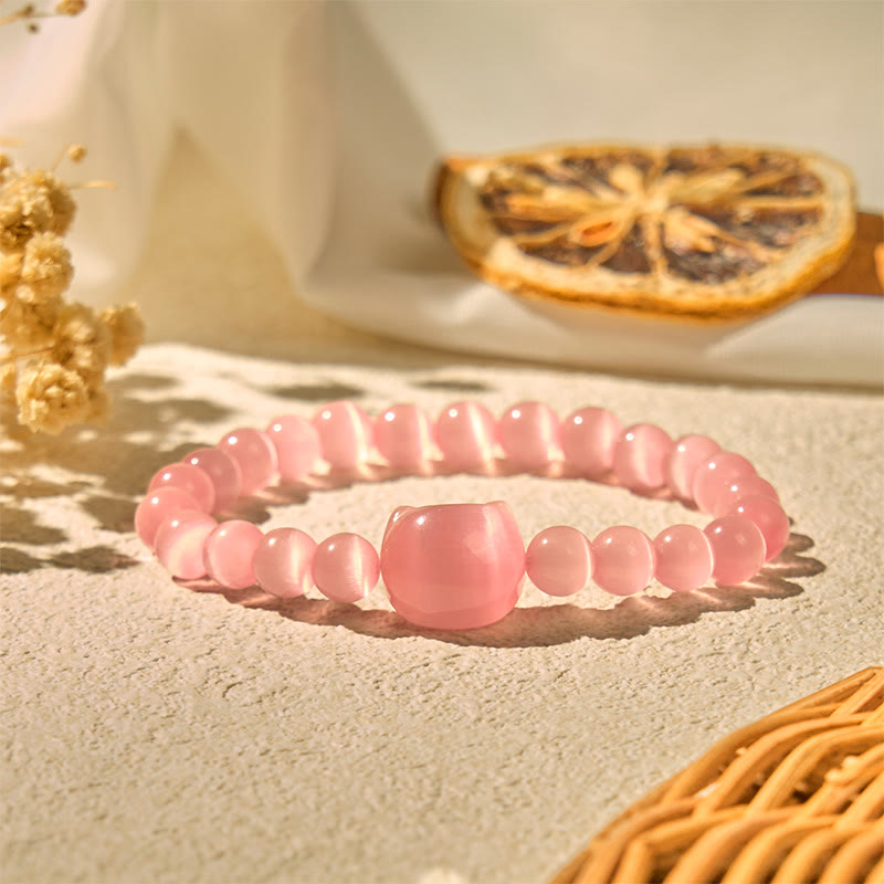 Buddha Stones Lovely Cat Head Pink Cat's Eye White Cat's Eye Spiritual Beads Bracelet - image 3
