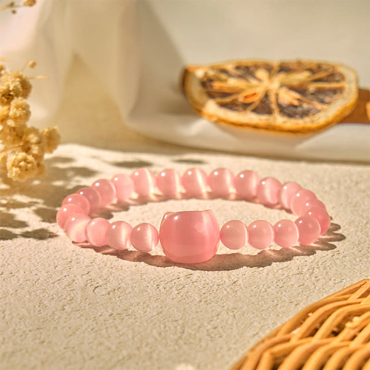 Buddha Stones Lovely Cat Head Pink Cat's Eye White Cat's Eye Spiritual Beads Bracelet - image 3