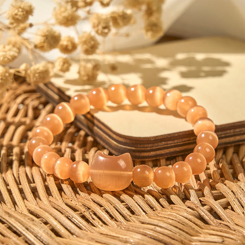 Buddha Stones Lovely Cat Head Pink Cat's Eye White Cat's Eye Spiritual Beads Bracelet - image 19