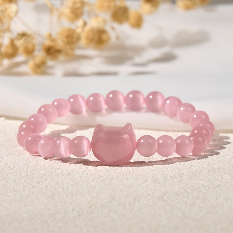 Buddha Stones Lovely Cat Head Pink Cat's Eye White Cat's Eye Spiritual Beads Bracelet - image 2