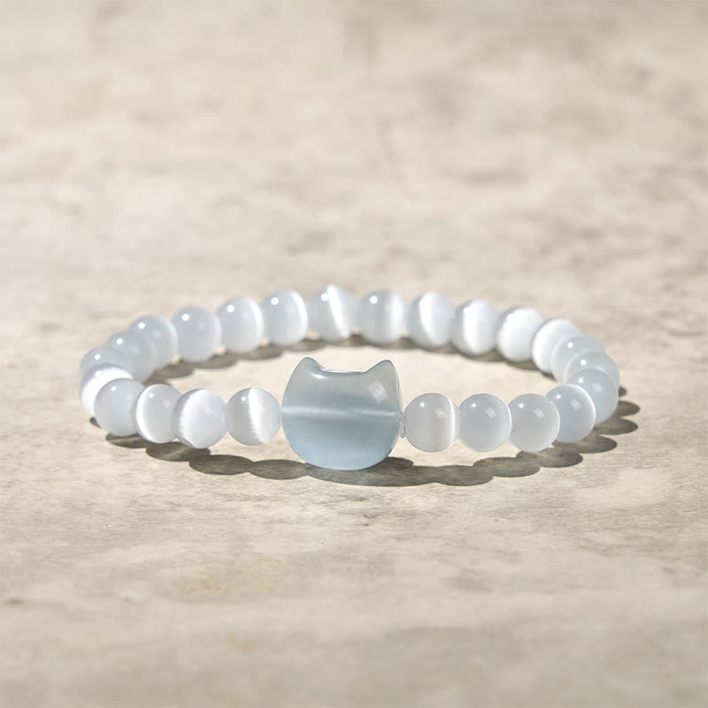 Buddha Stones Lovely Cat Head Pink Cat's Eye White Cat's Eye Spiritual Beads Bracelet - White Cat's Eye(Wrist Circumference:15-20cm) - image 9