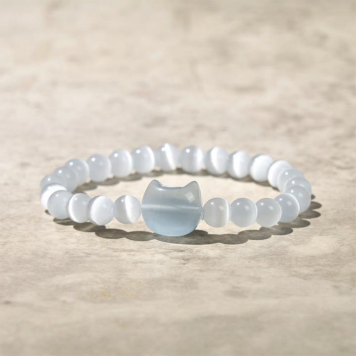 Buddha Stones Lovely Cat Head Pink Cat's Eye White Cat's Eye Spiritual Beads Bracelet - White Cat's Eye(Wrist Circumference:15-20cm) - image 9