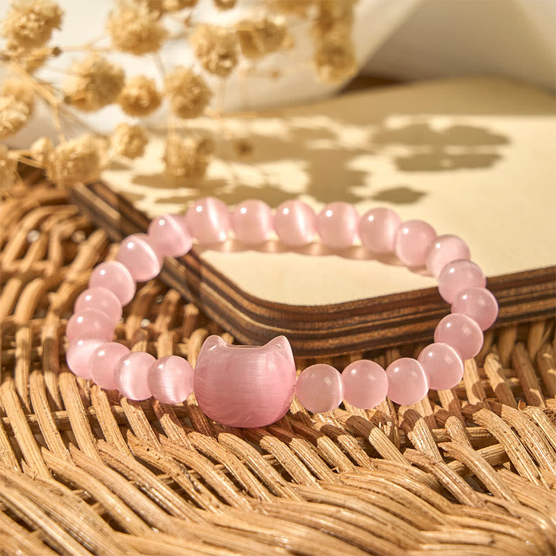 Buddha Stones Lovely Cat Head Pink Cat's Eye White Cat's Eye Spiritual Beads Bracelet - image 4