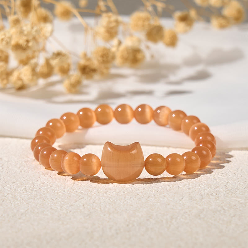 Buddha Stones Lovely Cat Head Pink Cat's Eye White Cat's Eye Spiritual Beads Bracelet - image 17