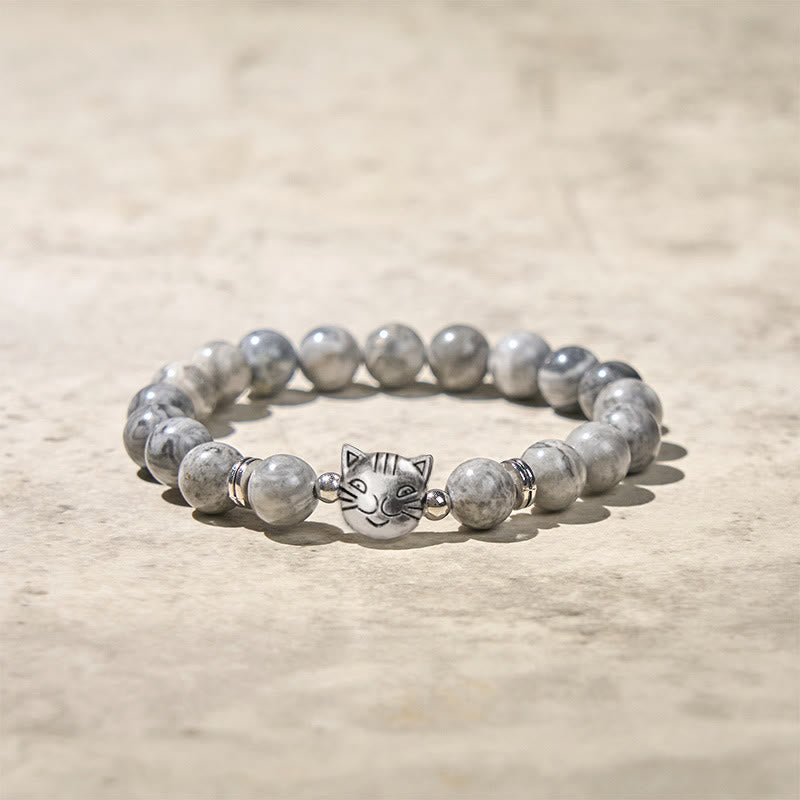 Buddha Stones Cute Cat Natural Grey Jasper Bead Healing Bracelet - image 4