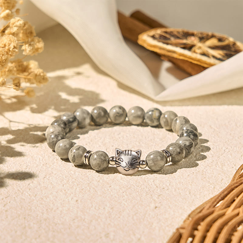 Buddha Stones Cute Cat Natural Grey Jasper Bead Healing Bracelet - image 2