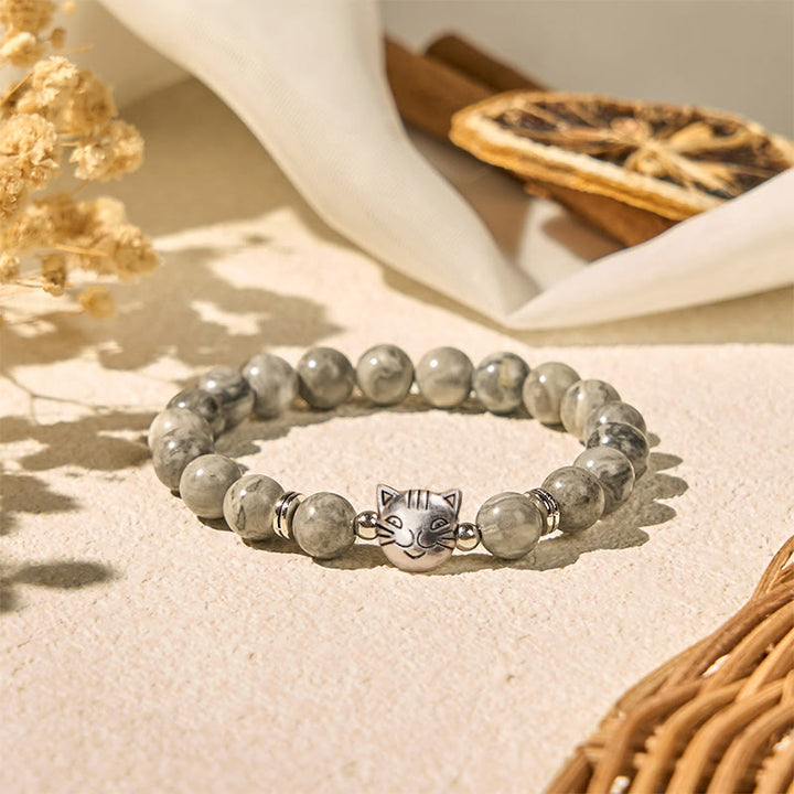 Buddha Stones Cute Cat Natural Grey Jasper Bead Healing Bracelet - image 2