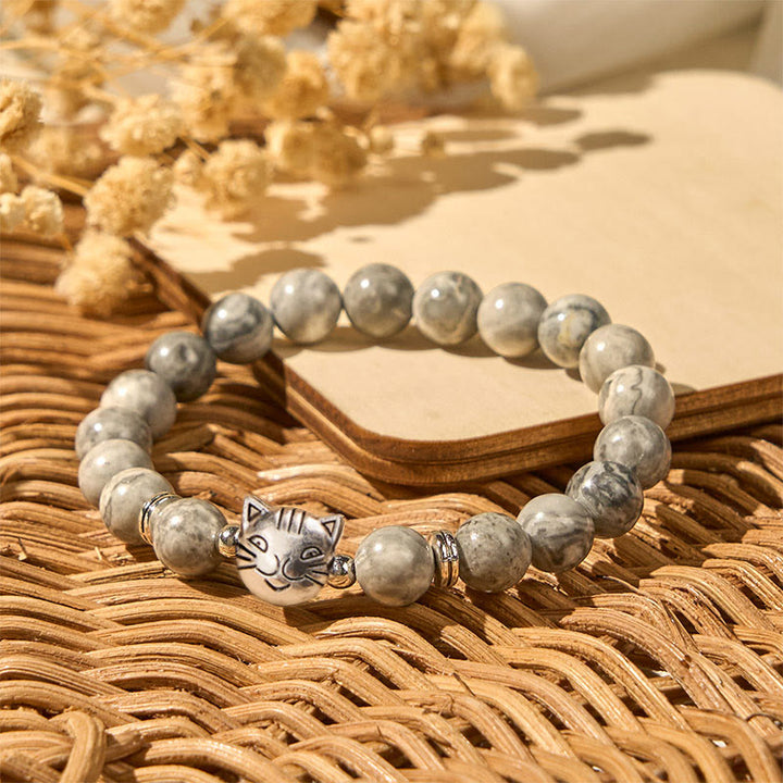 Buddha Stones Cute Cat Natural Grey Jasper Bead Healing Bracelet - image 3