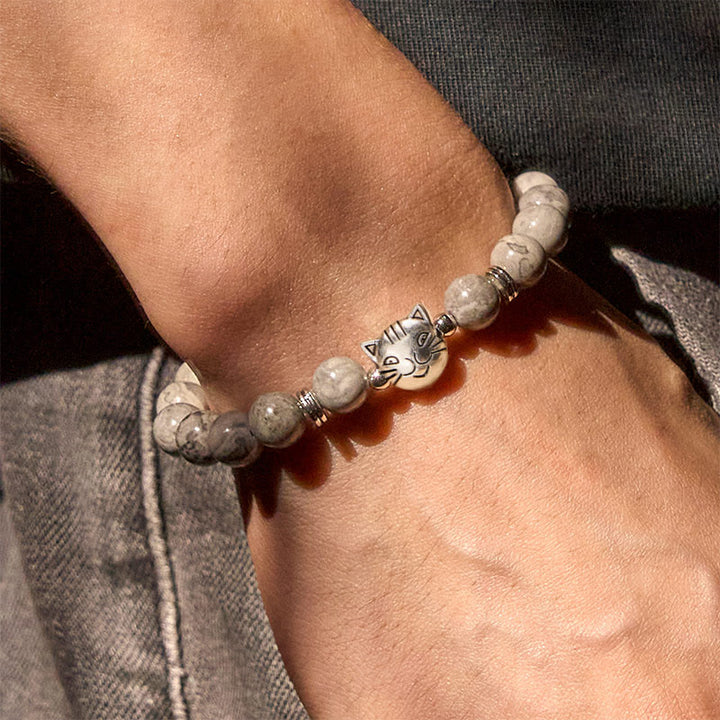 Buddha Stones Cute Cat Natural Grey Jasper Bead Healing Bracelet - image 6