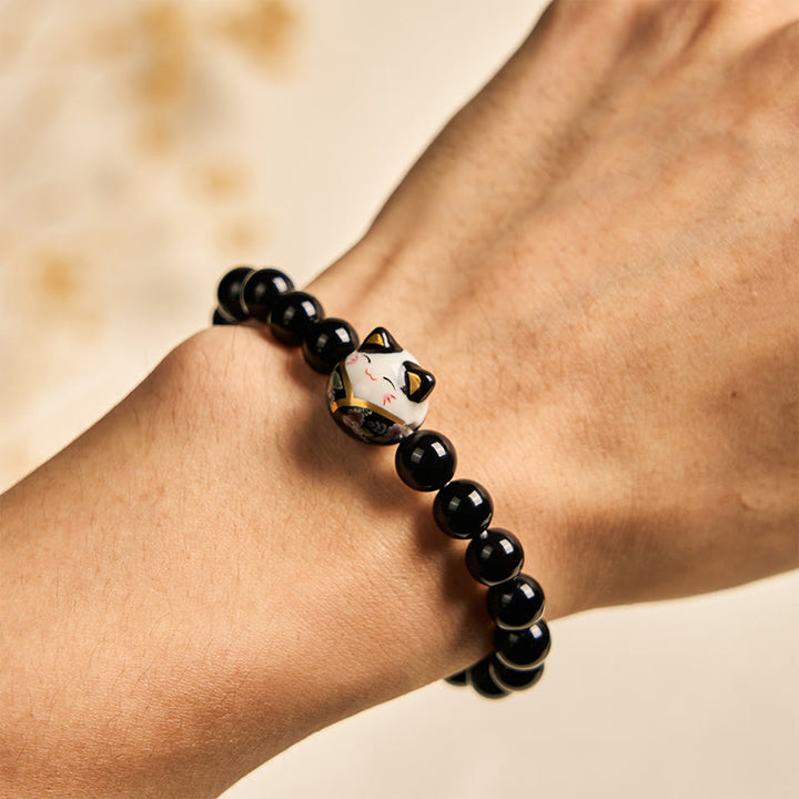 Buddha Stones Black Cat Natural Black Onyx Ceramic Kitten Fortune Bracelet - image 4