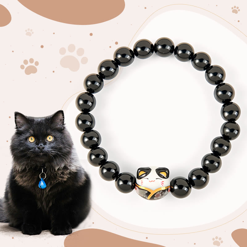 Buddha Stones Black Cat Natural Black Onyx Ceramic Kitten Fortune Bracelet - Black Onyx(Wrist Circumference: 15-16cm) - image 0