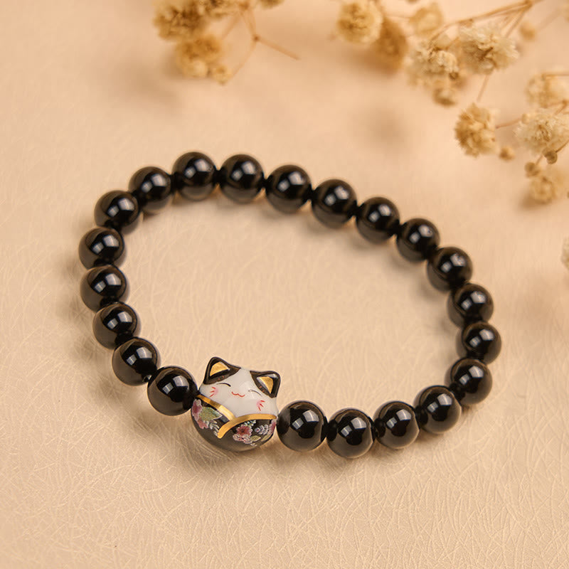 Buddha Stones Black Cat Natural Black Onyx Ceramic Kitten Fortune Bracelet - image 1