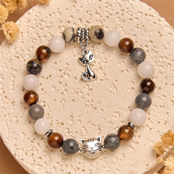 Buddha Stones Tricolor Cat Black Veined Jasper Brown Striped Agate Chalcedony Strength Bracelet - image 2
