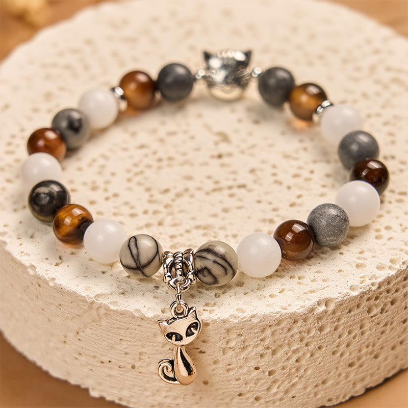 Buddha Stones Tricolor Cat Black Veined Jasper Brown Striped Agate Chalcedony Strength Bracelet - image 3
