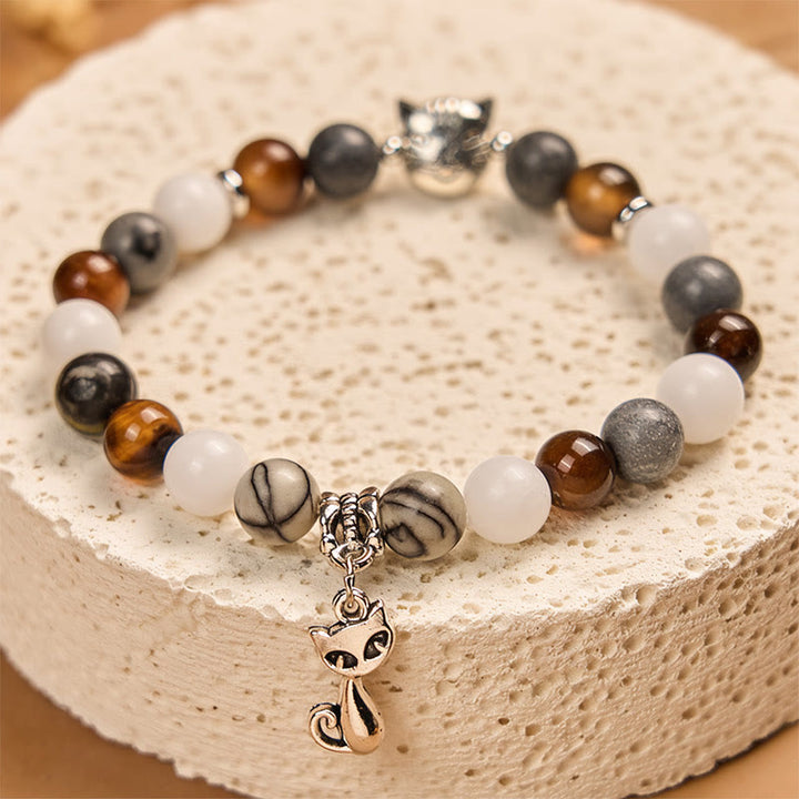 Buddha Stones Tricolor Cat Black Veined Jasper Brown Striped Agate Chalcedony Strength Bracelet - image 3