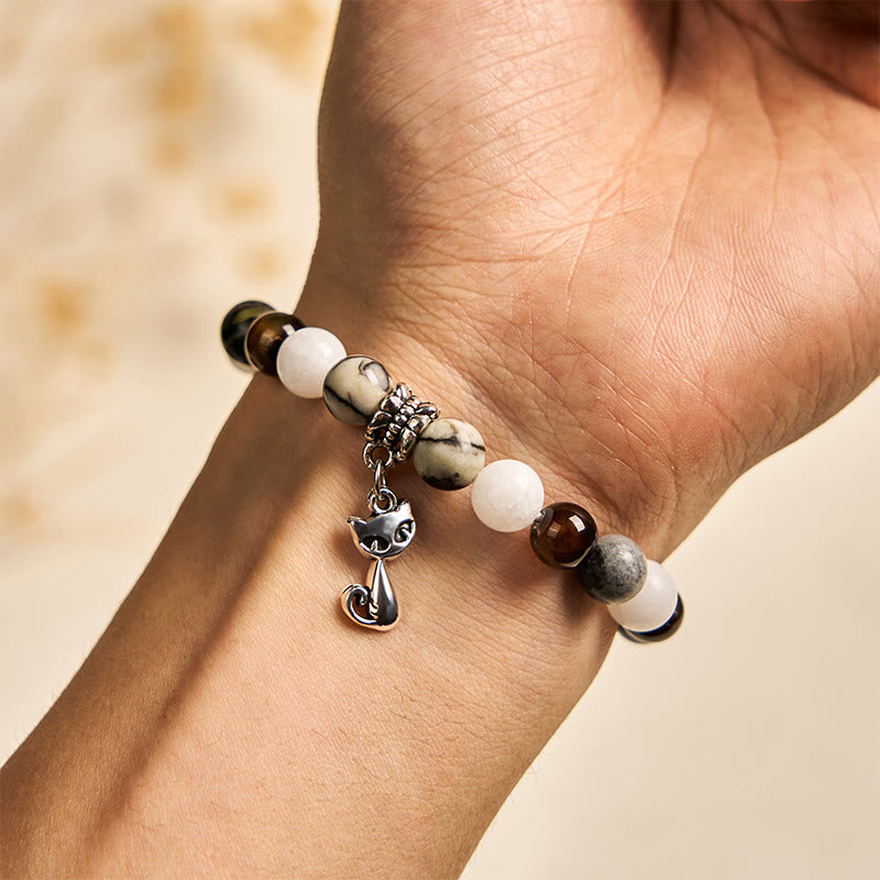 Buddha Stones Tricolor Cat Black Veined Jasper Brown Striped Agate Chalcedony Strength Bracelet - image 4
