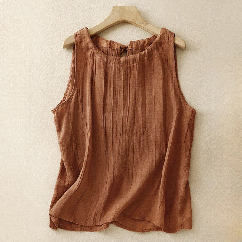 Buddha Stones Summer Pure Color Wrinkle Lace-up Sleeveless Vest Women's Waistcoat - Chocolate - US8-10,UK/AU12-14,EU40-42 (2XL) - image 17