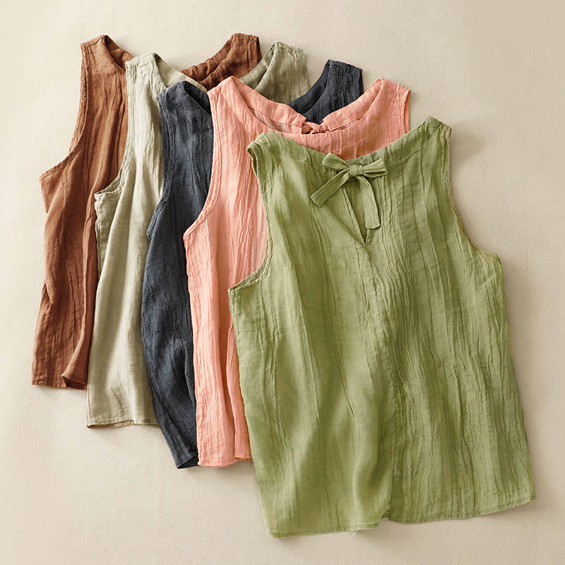 Buddha Stones Summer Pure Color Wrinkle Lace-up Sleeveless Vest Women's Waistcoat - image 5