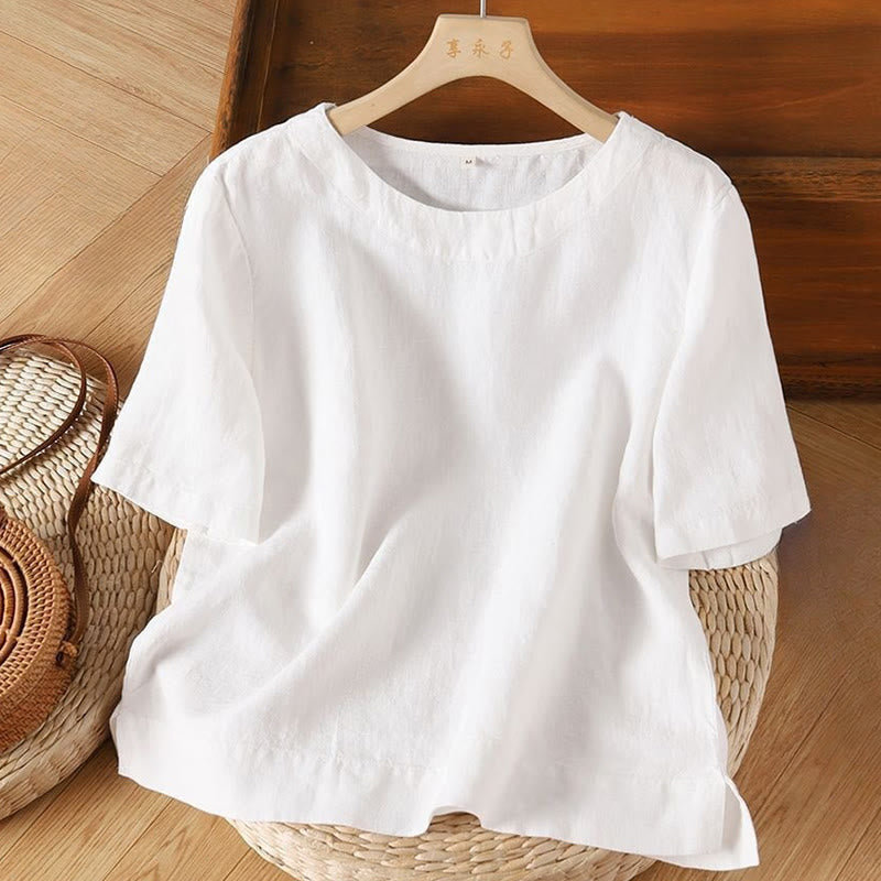 Buddha Stones Simple Plain Short Sleeve Crew Neck Side Slit Cotton Women's T-Shirt - White - US12,UK/AU16,EU44 (3XL) - image 4