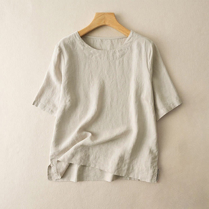 Buddha Stones Simple Plain Short Sleeve Crew Neck Side Slit Cotton Women's T-Shirt - Beige - US12,UK/AU16,EU44 (3XL) - image 5