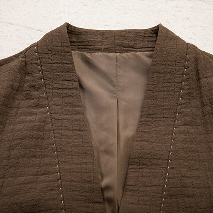 Buddha Stones Men's Plain Pleats Frog-Button Open Front Jacket Cotton Linen Long Sleeve Kimono - image 2