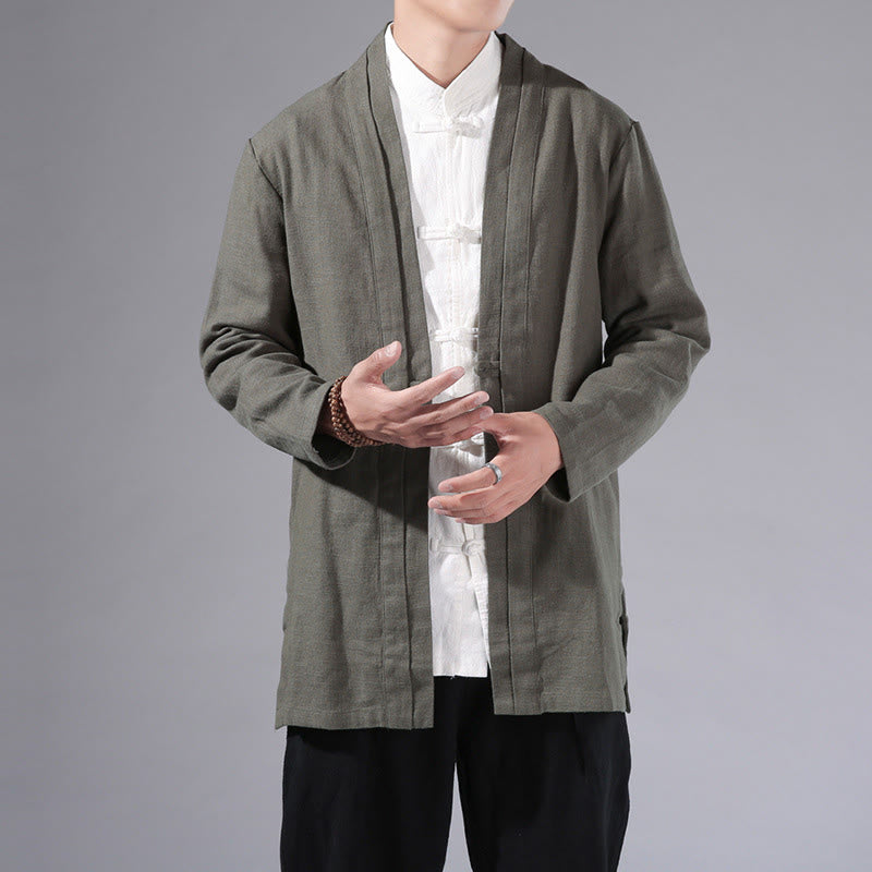 Buddha Stones Plain Simple Design Open Front Cotton Linen Men's Long Sleeve Jacket Kimono - DarkSeaGreen - US/UK/AU42,EU52 (3XL) - image 0