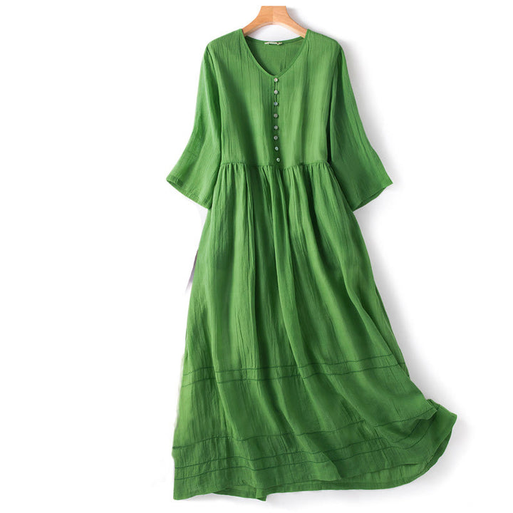 Buddha Stones Summer V-Neck Design Half Sleeve Cotton Midi Dress - Green - US14,UK/AU18,EU46 (2XL) - image 0