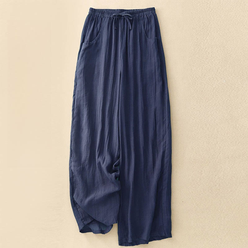 Buddha Stones Spring Pure Color Drawstring Double Layer Women's Wide Leg Pants With Pockets - Navy - US8-10,UK/AU12-14,EU40-42 (2XL) - image 12