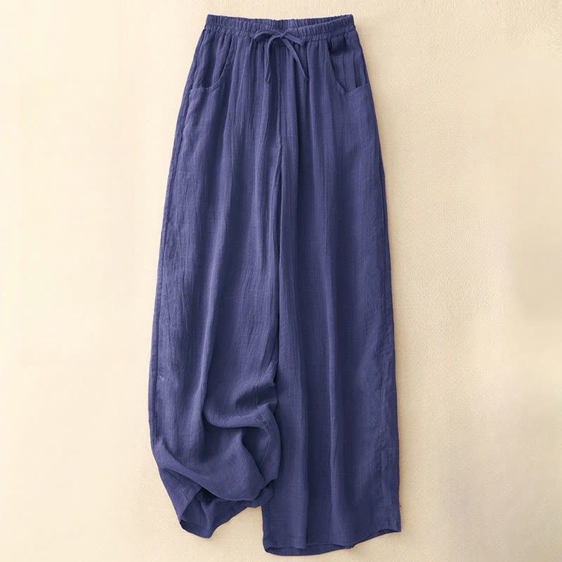 Buddha Stones Spring Pure Color Drawstring Double Layer Women's Wide Leg Pants With Pockets - Indigo - US8-10,UK/AU12-14,EU40-42 (2XL) - image 15