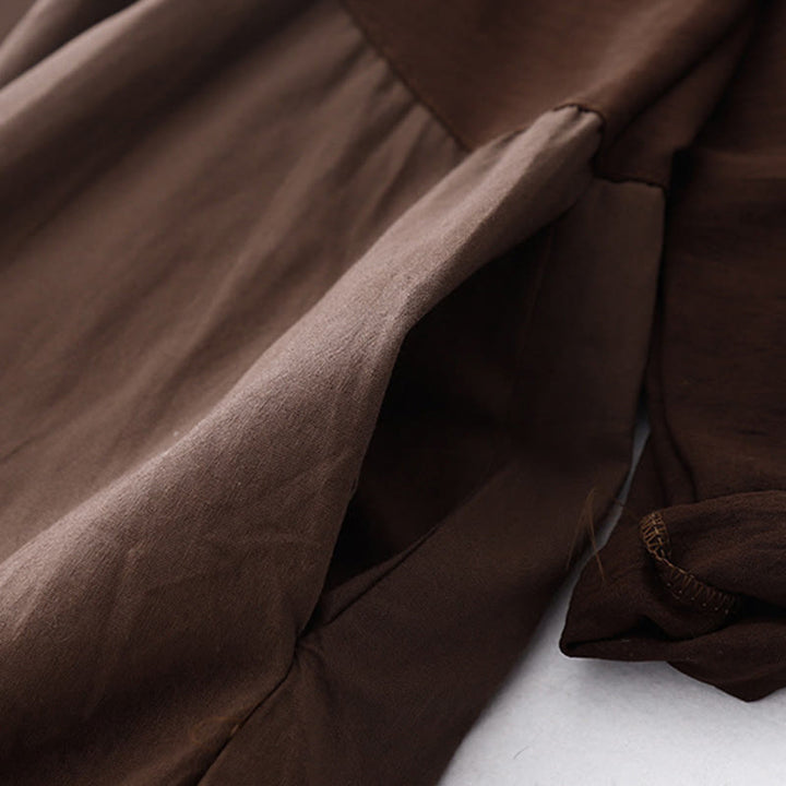 Buddha Stones Spring Plain Lapel Long Sleeve Cotton Linen Midi Dress With Pockets - image 3